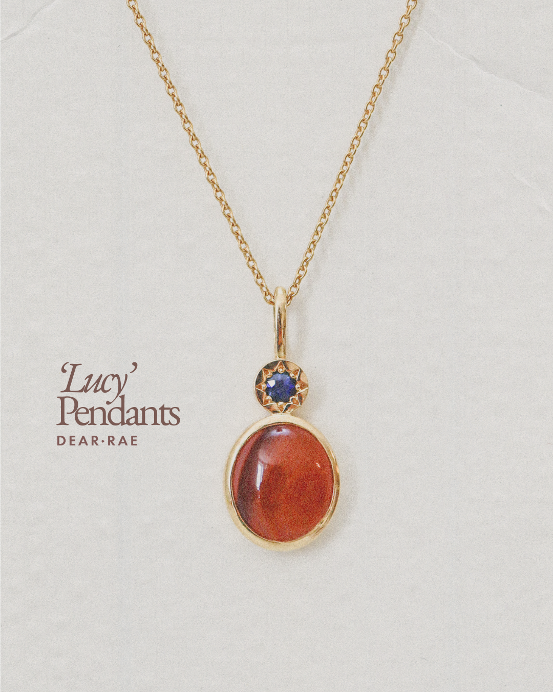 Carnelian and Sapphire Charm with adjustable chain in YG